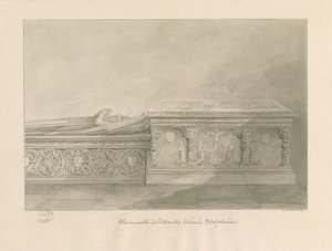 Uttoxeter教堂-托马斯·金纳斯利和一个女人的坟墓：棕褐色水墨画 作者 约翰·巴克勒