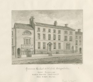 沃尔索尔镇-语法学校：棕褐色水墨画，1845年 作者 约翰·巴克勒