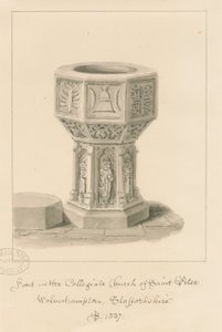 Wolverhampton-圣彼得教堂的字体：棕褐色绘画，1837年 作者 约翰·巴克勒