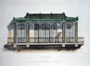 阳台，来自阿克曼的 "艺术宝库"，1818年出版（彩色平印）。