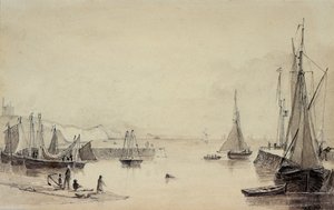 福克斯通港口与航运，莎士比亚悬崖在距离，19世纪 作者 约翰·卡彭特