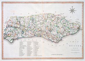 苏塞克斯地图，1805年3月26日（手工彩色雕刻）