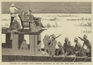 印度南部的草图，从野餐中回家的路上射击鳄鱼 作者 John Charles Dollman