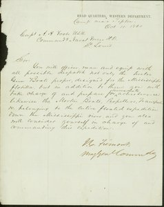 署名J.C. Fremont的信，西部省总司令部少将，蒂普顿附近的营地，给圣路易斯海军司令部H.D.海军上尉A.H. Foote，1861年10月11日 作者 约翰·查尔斯·弗里蒙特