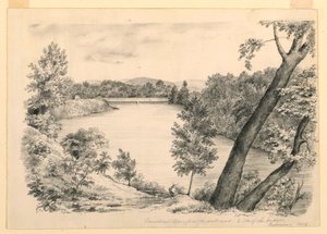 绘图，佛蒙特州布拉特伯勒附近的康涅狄格河景观，1854 年 作者 约翰·切尼