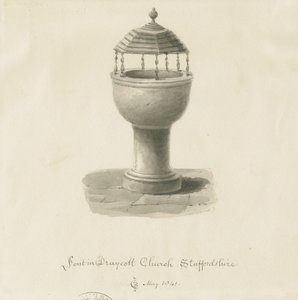Font in Draycott in the Moors Church: sepia drawing 作者 约翰·切塞尔·巴克勒