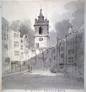 从伦敦市前街看没有克里普门的圣吉勒斯教堂，1790年。          作者 约翰·克劳德·纳特斯