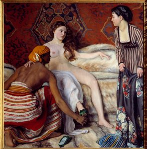 Orientalism: “” The toilet”” A young white woman assisted by her two maidens has her toilet. Painting by Frederic Bazille (1841-1870) 1869 Sun. 1,32x1,27 m Montpellier, Musee Fabre