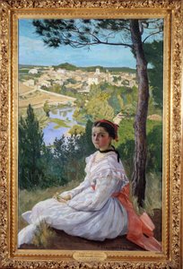 村庄视图 摆在普罗旺斯风景的女孩。 Frederic Bazille (1841-1870) 作画，1868 年 1,3x0,89 m 蒙彼利埃，法布尔博物馆