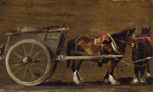 一辆带有两匹马的农用车：“Stour Valley and Dedham Village，1814”中的购物车研究（船上油画） 作者 约翰·康斯特勃