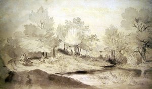 萨福克池塘，远处的小屋（纸上铅笔和水墨）。 作者 约翰·康斯特勃