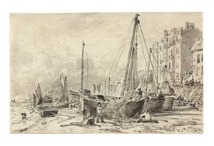 靠滩的渔船，渔民在布莱顿的海滩上修补网，望西，约1824-28年 作者 约翰·康斯特勃