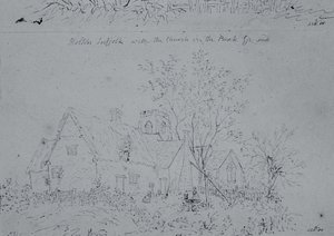 霍尔顿的小屋与背景中的教堂（纸和笔墨水） 作者 约翰·康斯特勃