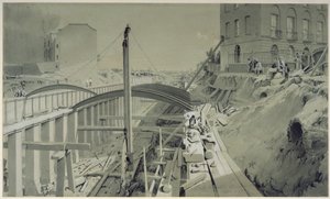 1836年9月在卡姆登镇公园街建造挡土墙（笔和墨水在纸上洗） 作者 约翰·库克·伯恩
