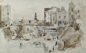 伦敦和伯明翰铁路建设，约 1835 年（纸上铅笔和水彩画）