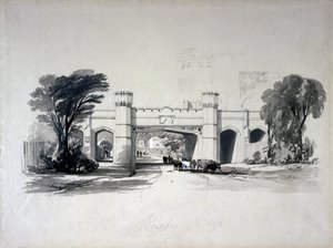 1839年4月，从沃里克郡的道路上看到的橄榄球铁路桥梁（笔和墨水在纸上洗） 作者 约翰·库克·伯恩