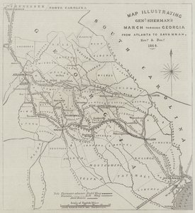 地图显示了谢尔曼将军从马萨诸塞州到萨凡纳，从1864年11月和12月三月到格鲁吉亚