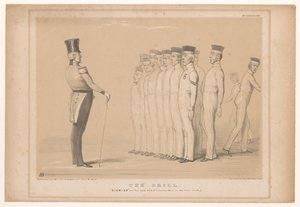 Spotprent 会见总理 Peel 担任军事教官
演习。解散--就像你们一样（稳稳地站在后排。）（标题在实物上）
HB 素描（实物上的系列标题） 作者 一般光刻厂