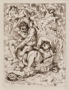 Reclining Figure Holding Cross, the Devil Sitting nearby Surrounded by Floating Figures (etching) 作者 约翰邓肯