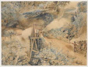 1809 年 4 月，西印度第三团在卡布雷岛或豪特岛的桥头向法国军队开火（纸本水彩画）