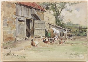 喂养母鸡，1909年（纸上wc） 作者 约翰·埃德加·米切尔