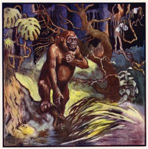 Before us stood an immense gorilla (colour litho)   1398978   zh       chinese Successfully Translated  Original: Vierhandige dieren (title on object) Nieuwe Nederlandsche kinderprenten (series title on object) Funkes prenten (series title on object) Trans 作者 约翰·埃德温·诺布尔