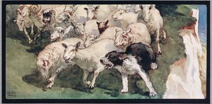 山羊尾巴牧羊犬和悬崖上的羊群，插图选自 Gladys Davidson 所著的《没有手的帮手》，1919 年出版（彩色石版印刷）。 作者 约翰·埃德温·诺布尔