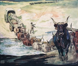 过河，来自格拉迪斯·戴维森 (Gladys Davidson) 的《没有双手的帮助者》(Helpers Without Hands) 的插图，1919 年出版（彩色平版印刷） 作者 约翰·埃德温·诺布尔
