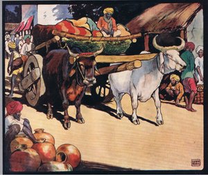 拉车的牛，插图选自格拉迪丝-戴维森的《无手帮手》，1919 年出版（彩色石版印刷）。 作者 约翰·埃德温·诺布尔