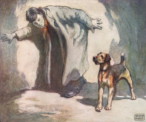 工作中的警犬，插图选自 Gladys Davidson 所著的《无助的人们》，1919 年出版（彩色石版印刷）。 作者 约翰·埃德温·诺布尔