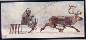 驯鹿和雪橇，插图选自格拉迪斯-戴维森 1919 年出版的《没有手的帮手》（彩色石版印刷）。 作者 约翰·埃德温·诺布尔