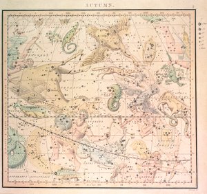 天体图：秋天，显示黄道十二宫和星星的位置（雕刻） 作者 John Emslie