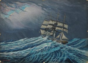 一艘帆船，19 世纪晚期 - 20 世纪中期（卡片油画） 作者 约翰·埃弗里特