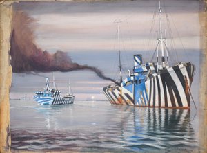 S.S. Lepanto 号和另一艘涂有炫目油漆的蒸汽船停泊在平静的水面上
