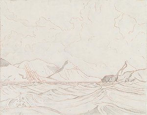 海景与经过陆地的船只（1），20 世纪初（石墨、棕色蜡笔） 作者 约翰·埃弗里特