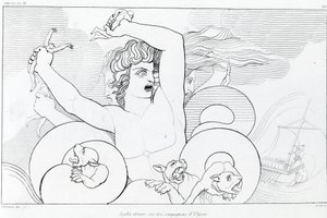 Charybde and Scylla 集：尤利西斯的六个同伴被吞噬。 约翰·弗拉克斯曼 (John Flaxman) 的绘画 (1755 - 1826)。 荷马的奥德赛。 宋十二。