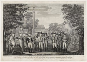 1781年10月，他们在弗吉尼亚的约克镇惨败后，英国向华盛顿交出了武器。 作者 约翰·弗朗西斯（后）雷诺