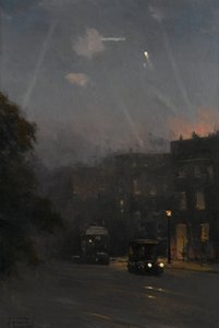 齐柏林飞艇空袭，1915 年 10 月 8 日，约 1915-18 年（布面油画） 作者 约翰·弗雷泽