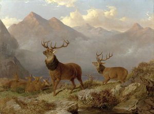 雄鹿和高地景观中的后腿，1864年 作者 约翰·弗雷德里克·鲱鱼少年