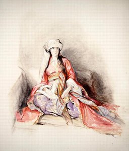 穿着土耳其服装的黎凡特女士，君士坦丁堡（铅笔水彩，用体彩加高）。 作者 约翰·弗雷德里克·刘易斯