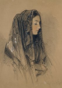 1838年，一位意大利女孩在曼蒂拉的头上（红色和黑色粉笔和印度墨水，水彩画和浅黄色的身体颜色） 作者 约翰·弗雷德里克·刘易斯