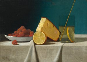 蛋糕、柠檬、草莓和玻璃的静物画，1890年。