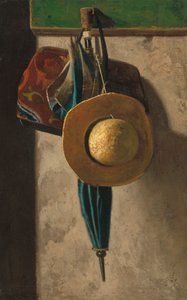 草帽，袋子和伞，c.1900（从帆布板转移的织物上的油）