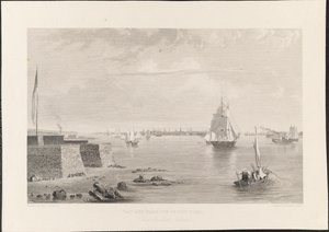 从贝德隆[Bedloe]岛看纽约的海湾和港口，由詹姆斯-斯米利雕刻，约1840年（雕刻）。