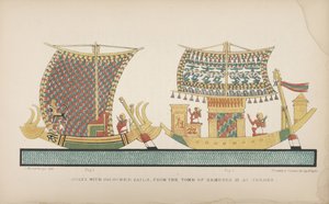 有色帆的船，来自底比斯的Remeses III墓，插图取自“古代埃及人的风俗”，1837-41年 作者 约翰·加德纳·威尔金森