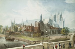 威斯敏斯特大厅和修道院，由Daniel Havell（1785-1826）雕刻，由Rudolph Ackermann（1764-1834）1819年出版（彩色aquatint）