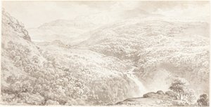 有瀑布的山区山谷 作者 约翰·格洛弗