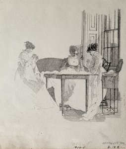 女士缝纫，1805（笔和纸上的墨水） 作者 约翰·哈登
