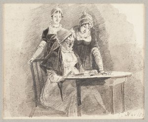 三个在一张桌子，一个坐着，1807（铅笔和纸上洗） 作者 约翰·哈登