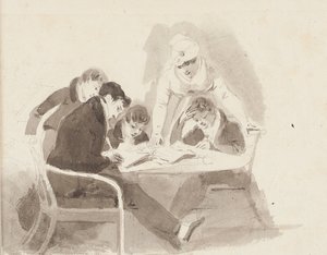 两个男孩做作业，1811年（纸上wc） 作者 约翰·哈登